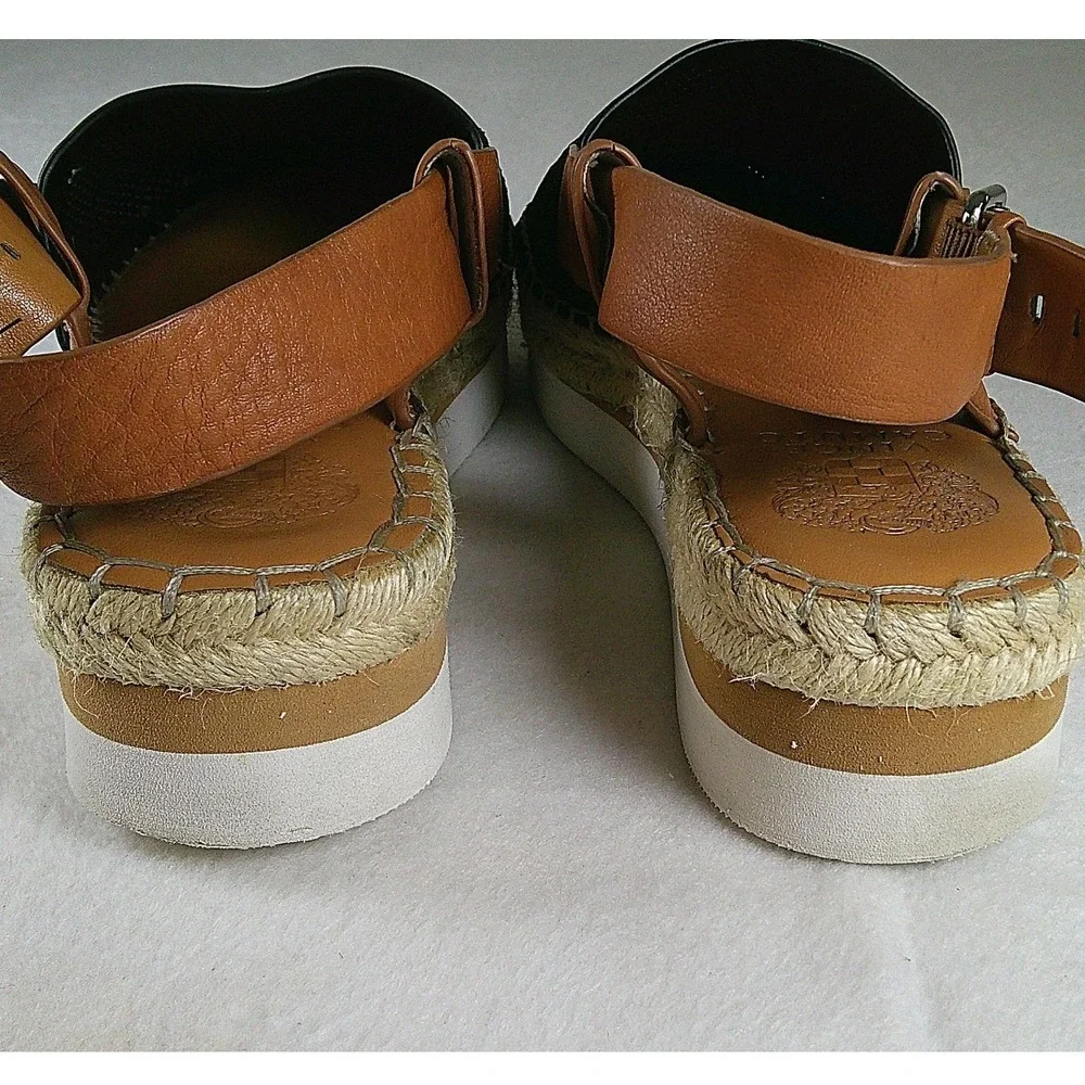Vince Camuto Brettal Black Perforated Leather Espadrille Platform Sandals 8.5M